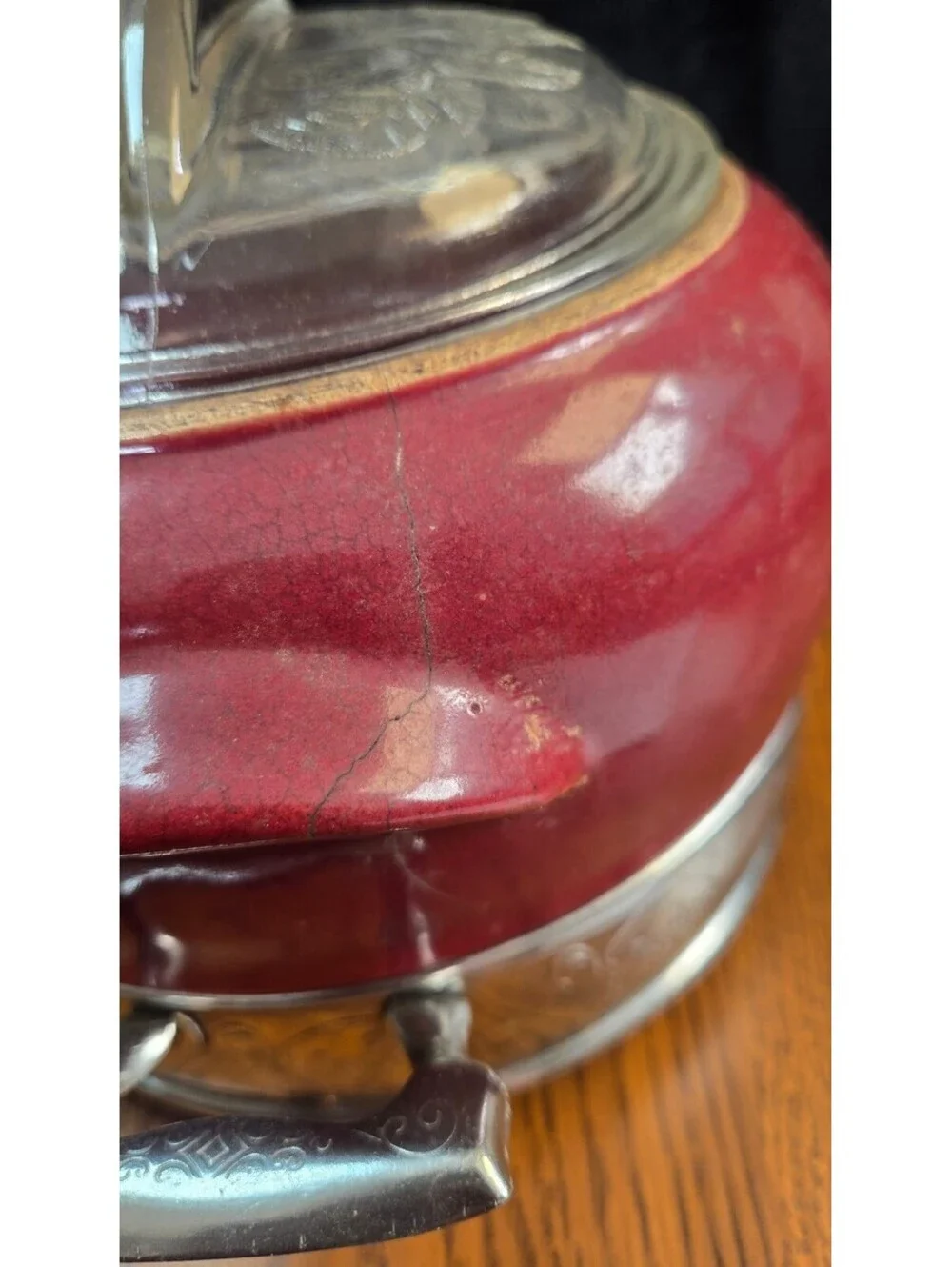 Vintage Red Ceramic and Silver Plated Chafing Dish with Glass Lid